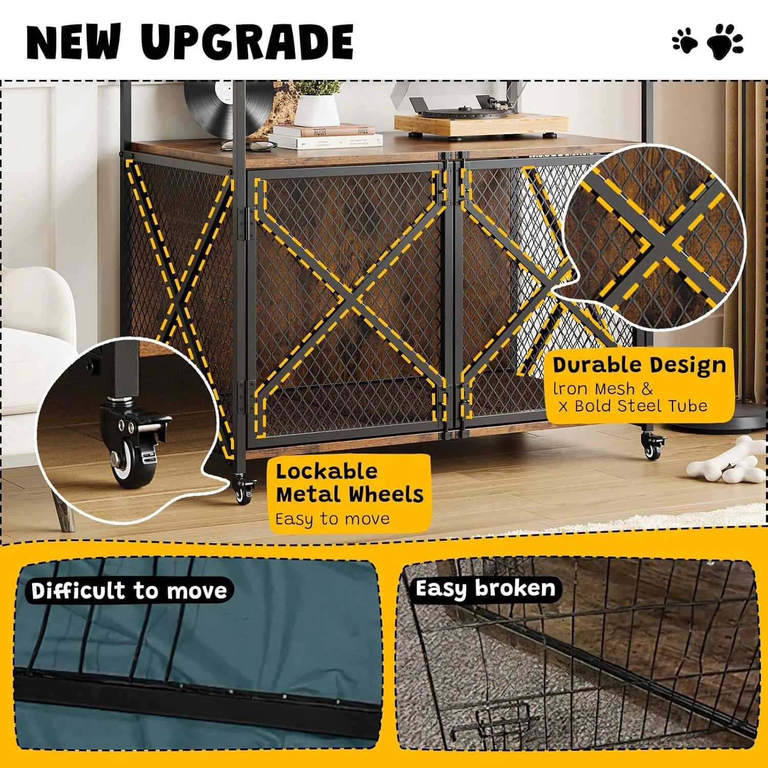 Large Wooden Dog Crate Furniture, Decorative End Table Indoor Dog House, With Lockable Wheels For Dogs, Heavy Duty Dog Cage - Image 4