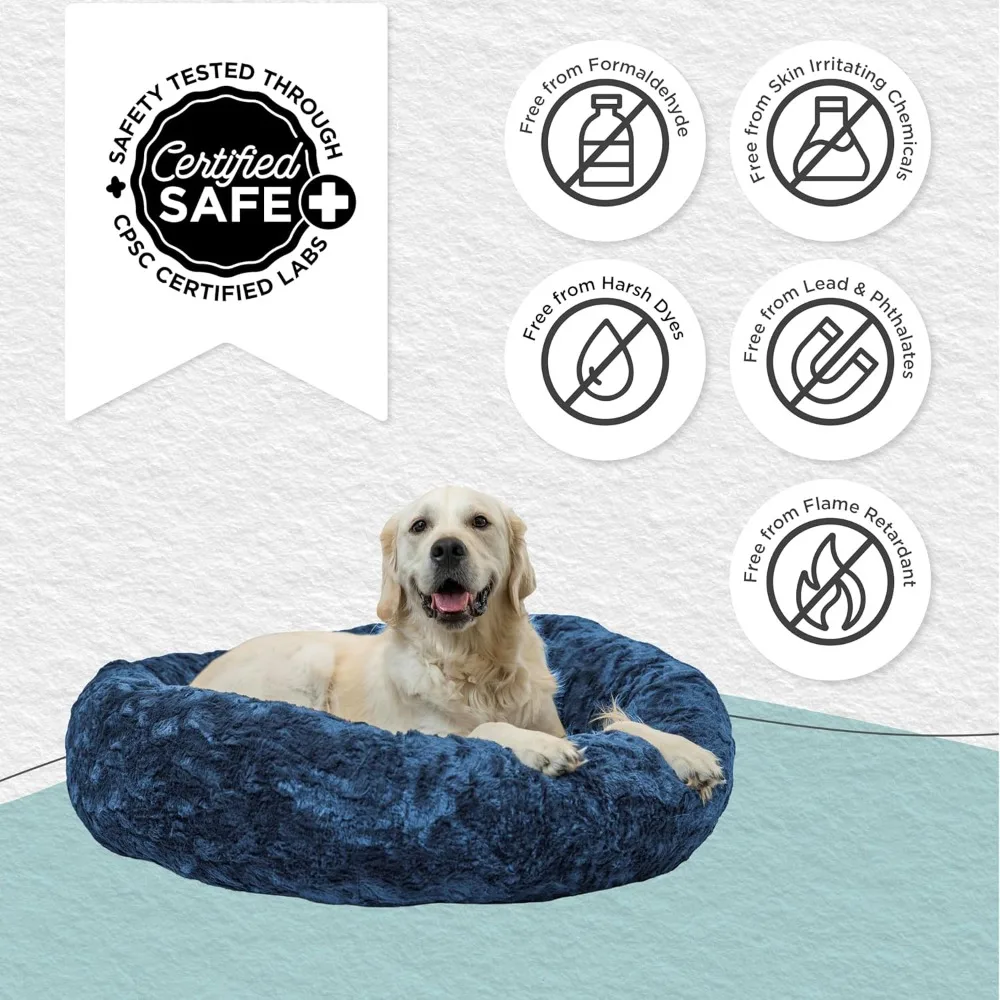 Friends Calming Donut Dog and Cat Bed, Lux Faux Fur, Navy Blue, (36in x 36in) - Anxiety Relief for Pets U - Image 6
