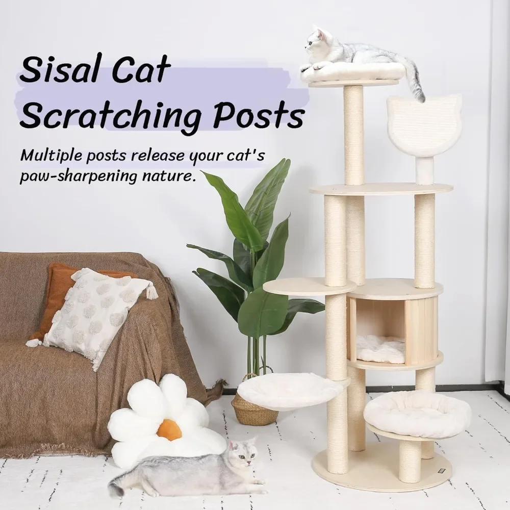 64" Tall Cat Tree - Wooden Cat Trees Tower with Cats Condo, Hammock & Top Perch, Modern Tall Cats Tree w/Natural Sisal Po - Image 5