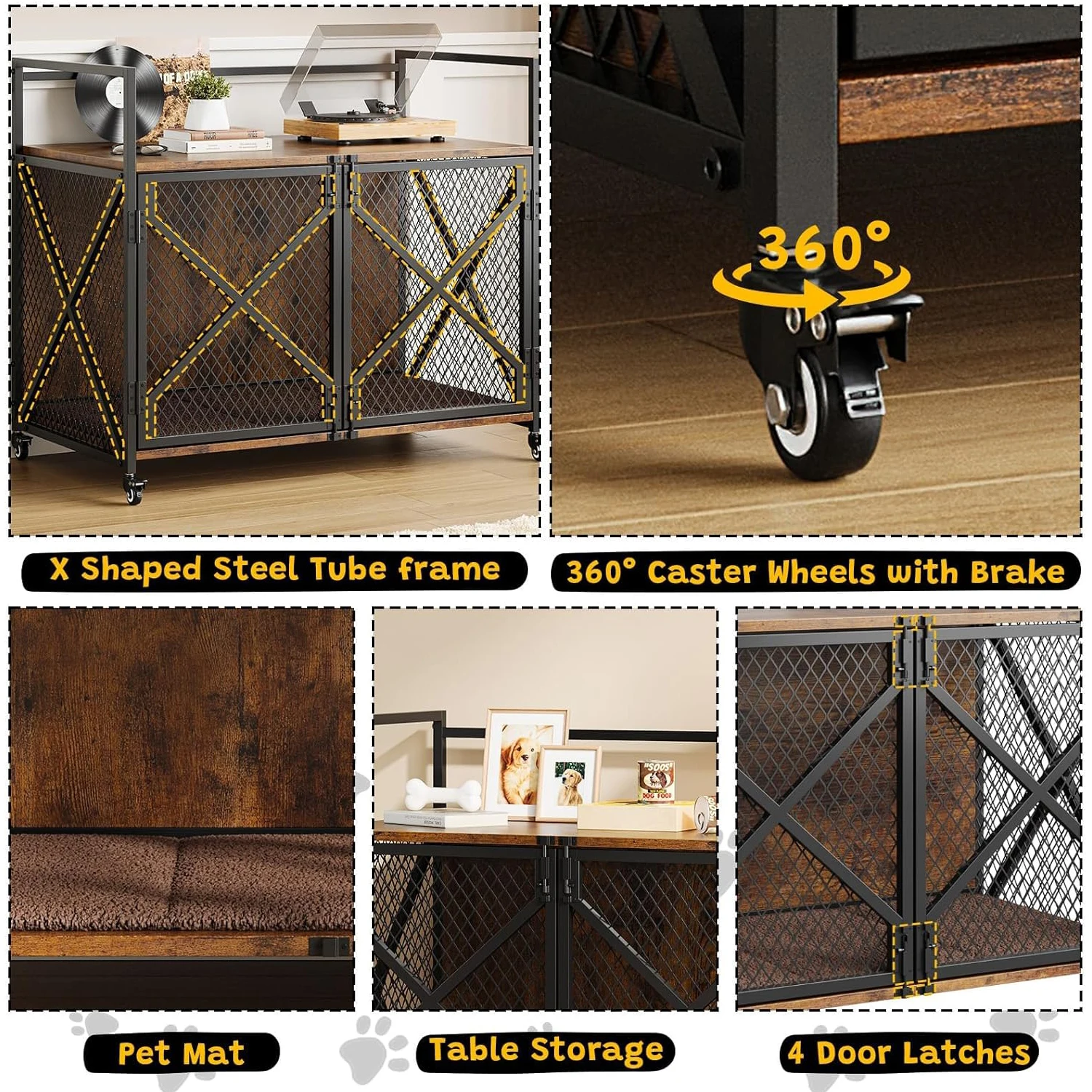 Large Wooden Dog Crate Furniture, Decorative End Table Indoor Dog House, With Lockable Wheels For Dogs, Heavy Duty Dog Cage - Image 3