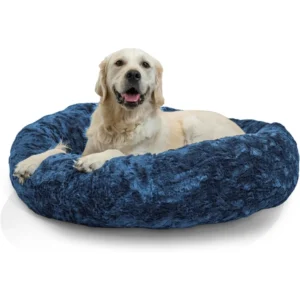 Friends Calming Donut Dog and Cat Bed, Lux Faux Fur, Navy Blue, (36in x 36in) - Anxiety Relief for Pets U