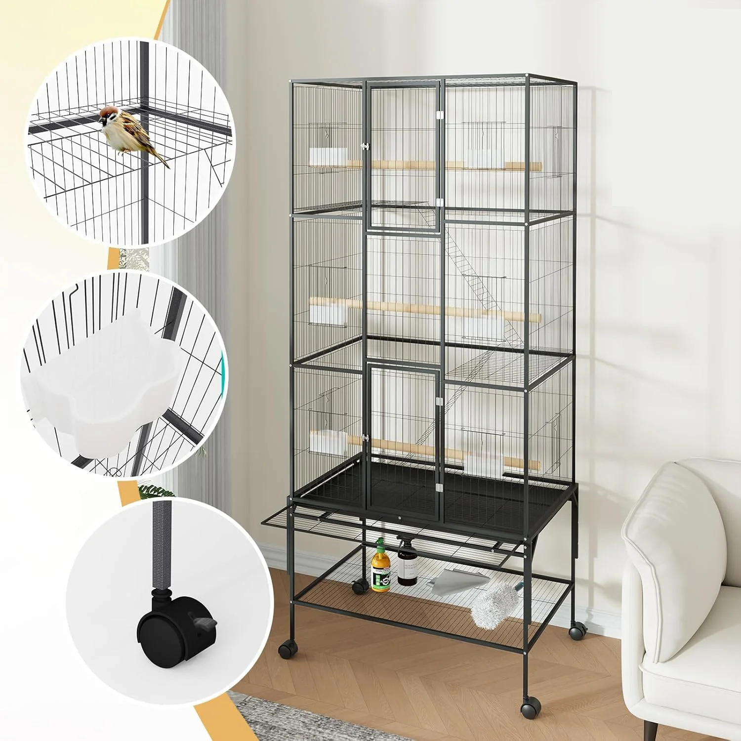 69 Inch Large Bird Cage Bird Cage with Rolling Storage Stands Feed Bowls Wide Tall Parrot Cage For Parakeets Conures Cockatiel - Image 6