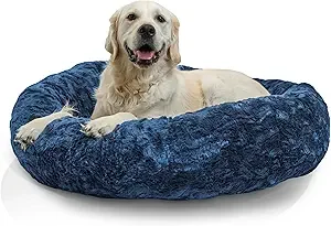 Friends Calming Donut Dog and Cat Bed, Lux Faux Fur, Navy Blue, (36in x 36in) - Anxiety Relief for Pets U - Image 7