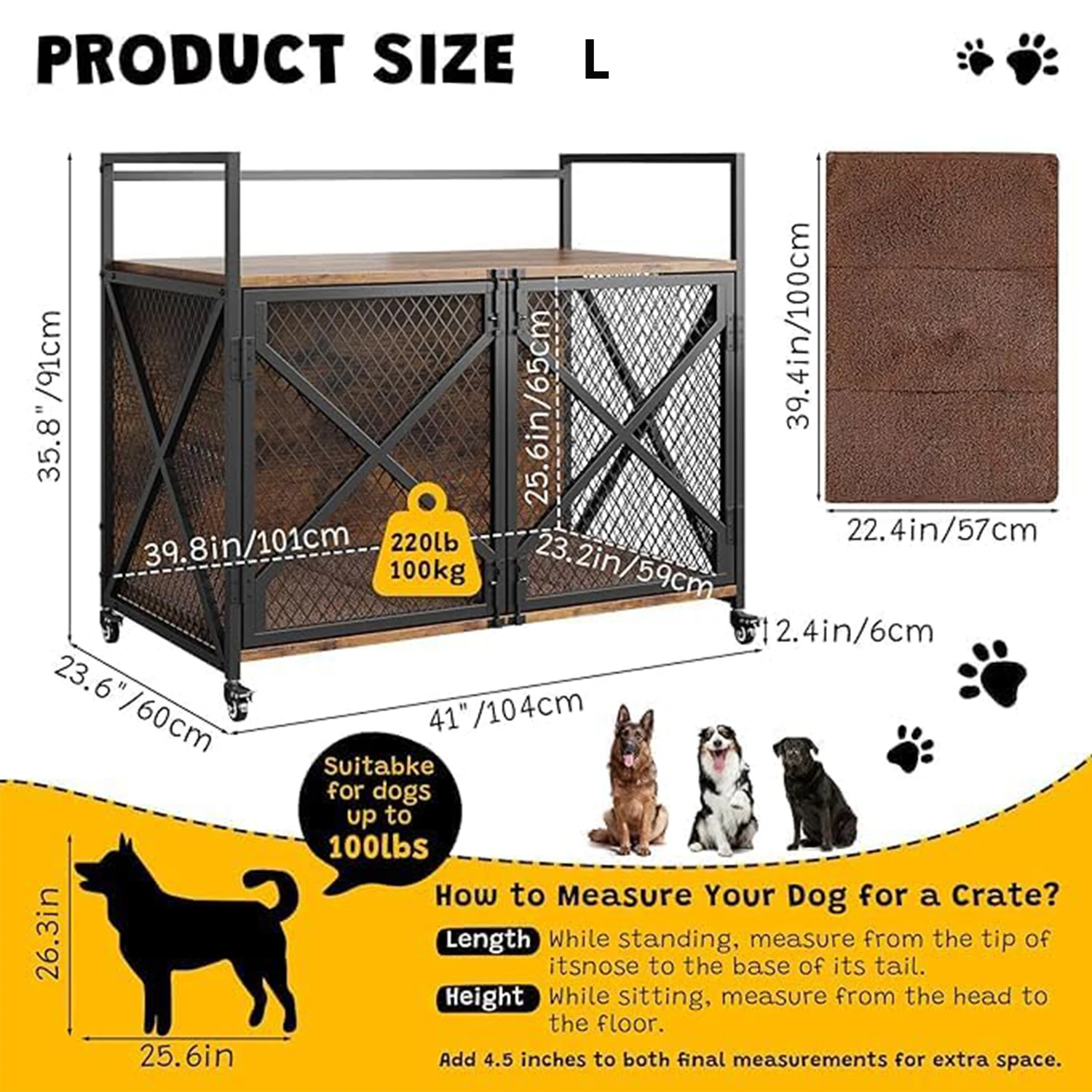 Large Wooden Dog Crate Furniture, Decorative End Table Indoor Dog House, With Lockable Wheels For Dogs, Heavy Duty Dog Cage - Image 8