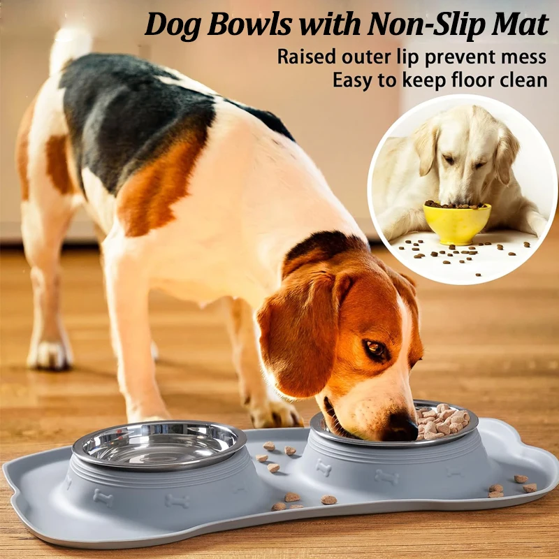 Stainless Steel Pet Dog Feeder Silicone Anti-spill Cats Dog Double Bowl Pet Feeding Drinking Water Bowls Dog Food Dispenser - Image 2