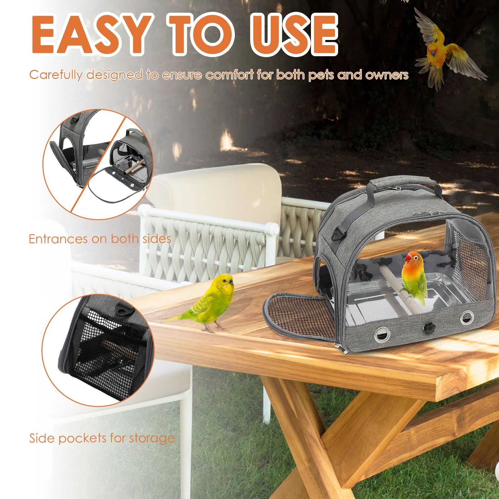 Portable Bird Travel Carrier Breathable Cockatiels Cage with Standing Perch and Tray Multi-functional Outdoor Pet Accessories - Image 5