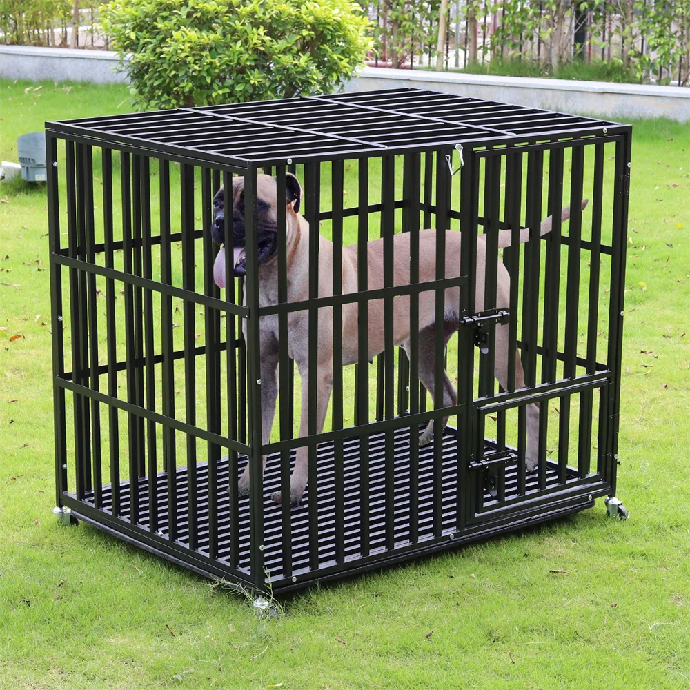 XXL Large Heavy Duty Dog Crate Strong Pet Cage Tear Resistant Square Tube Metal Kennel Playpen with Lockable Wheels and Tray - Image 2