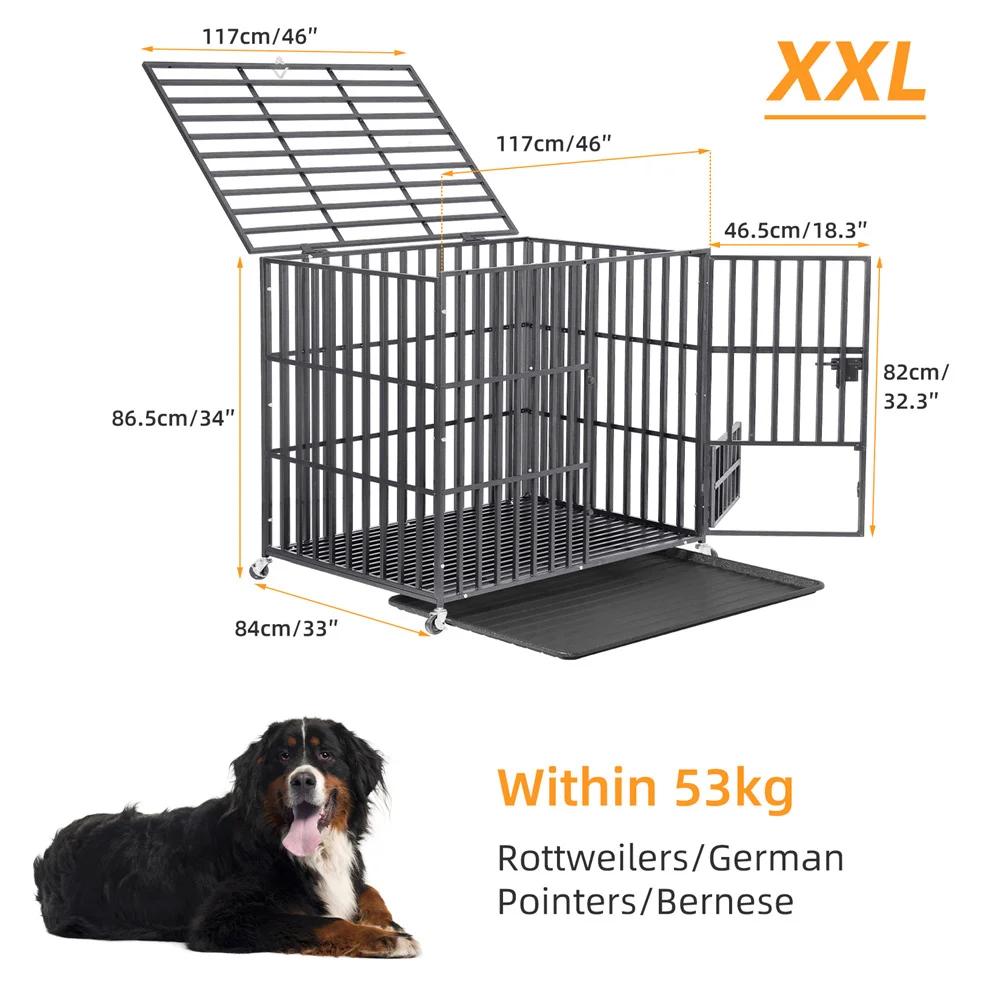 XXL Large Heavy Duty Dog Crate Strong Pet Cage Tear Resistant Square Tube Metal Kennel Playpen with Lockable Wheels and Tray - Image 9