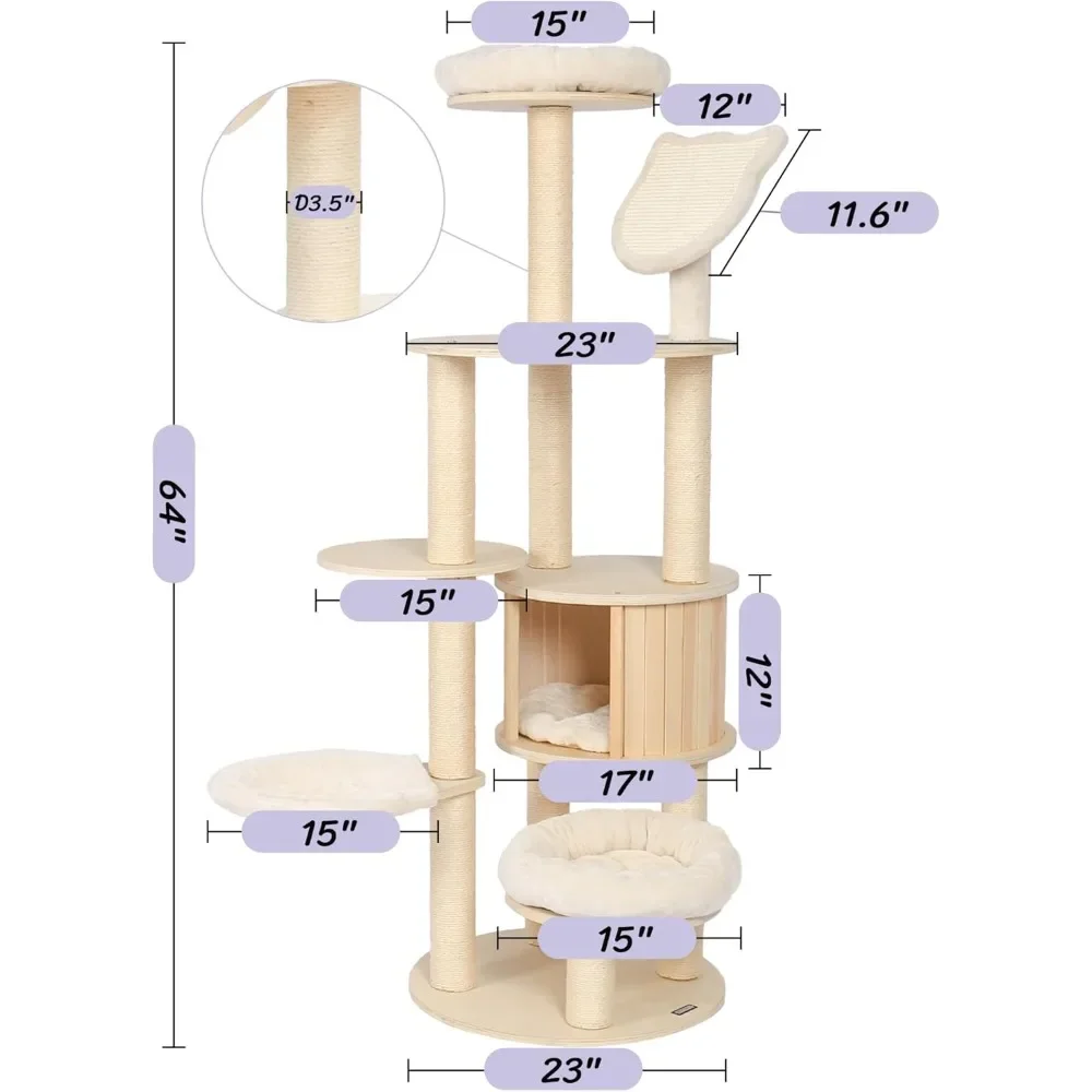 64" Tall Cat Tree - Wooden Cat Trees Tower with Cats Condo, Hammock & Top Perch, Modern Tall Cats Tree w/Natural Sisal Po - Image 2