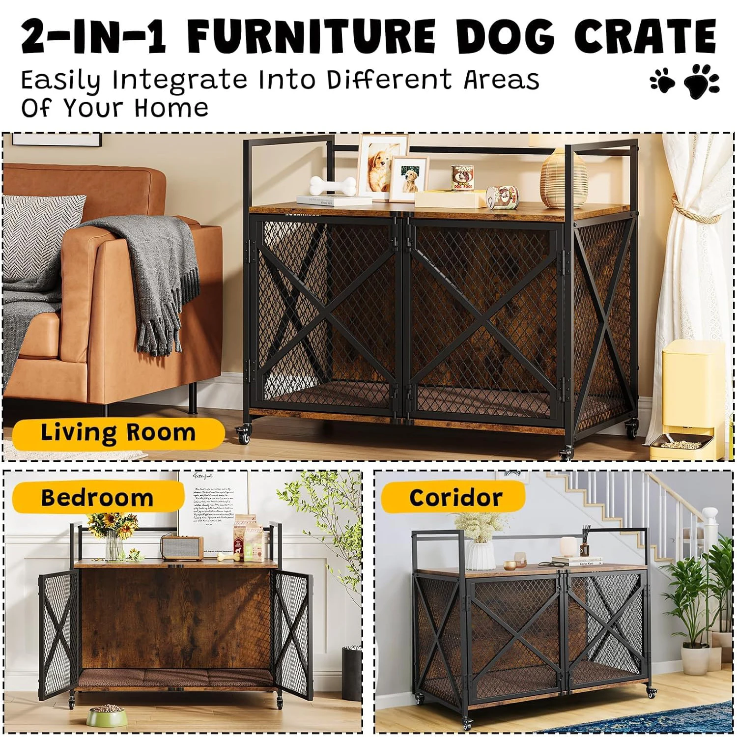 Large Wooden Dog Crate Furniture, Decorative End Table Indoor Dog House, With Lockable Wheels For Dogs, Heavy Duty Dog Cage - Image 2