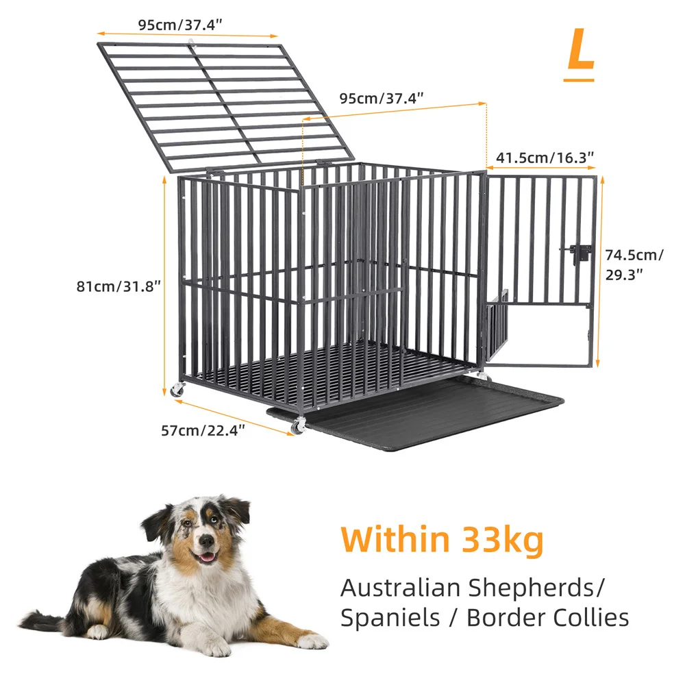 XXL Large Heavy Duty Dog Crate Strong Pet Cage Tear Resistant Square Tube Metal Kennel Playpen with Lockable Wheels and Tray - Image 8