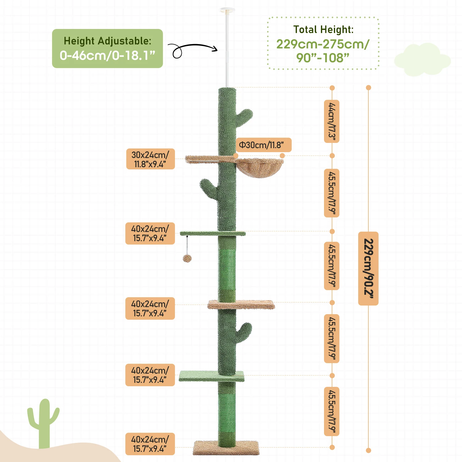 Cat Tree 5-Tier Floor to Ceiling Cat Tower Cactus Tall Climbing Tree with Scratching Post Hammock Dangling Ball for Indoor Cats - Image 6