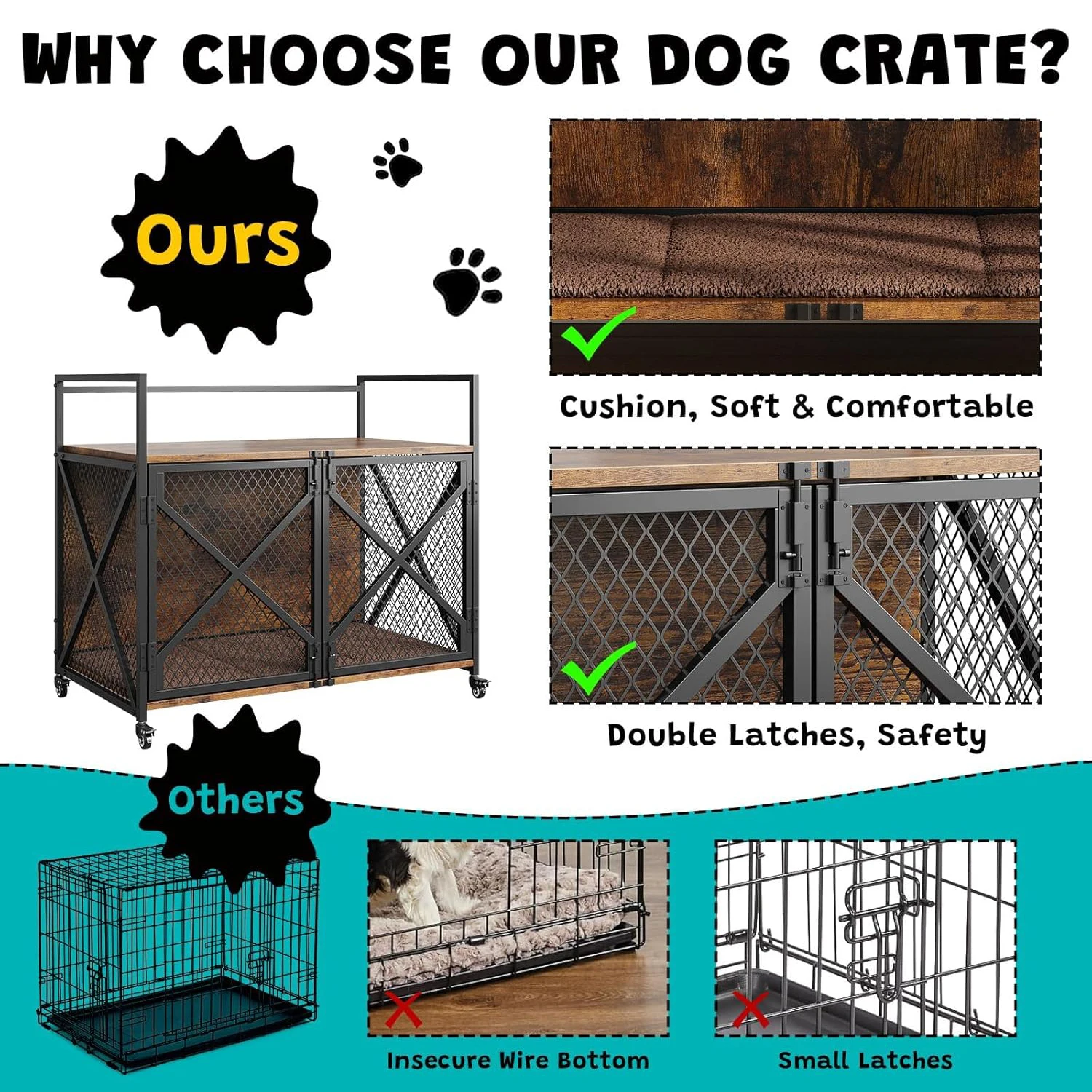 Large Wooden Dog Crate Furniture, Decorative End Table Indoor Dog House, With Lockable Wheels For Dogs, Heavy Duty Dog Cage - Image 6