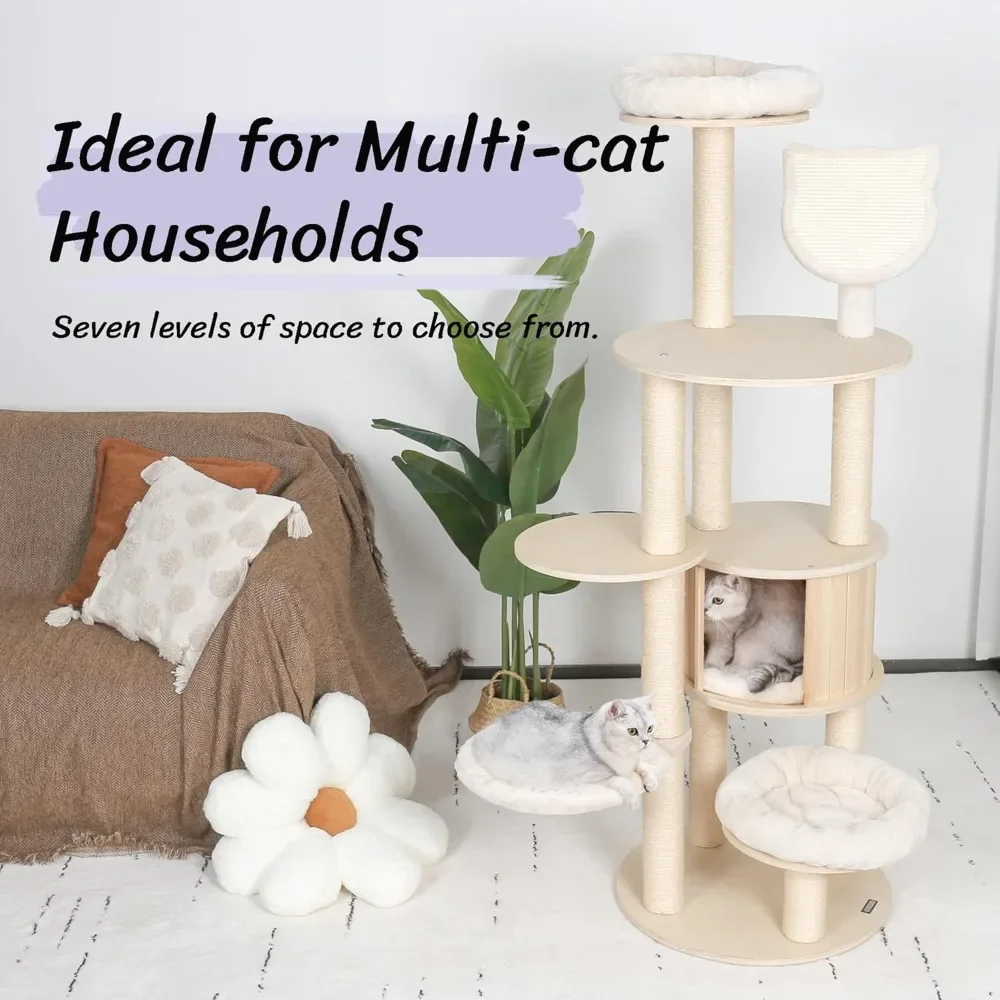 64" Tall Cat Tree - Wooden Cat Trees Tower with Cats Condo, Hammock & Top Perch, Modern Tall Cats Tree w/Natural Sisal Po - Image 6