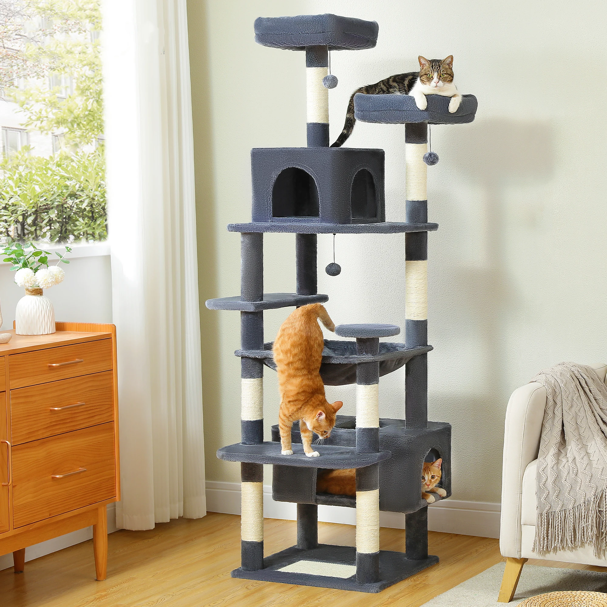 Multi-Level Cat Tree Tower with Scratching Posts&Board, Hammock, Cat Condo, Spacious Top Perch,Dangling Balls for Indoor Cats - Image 3