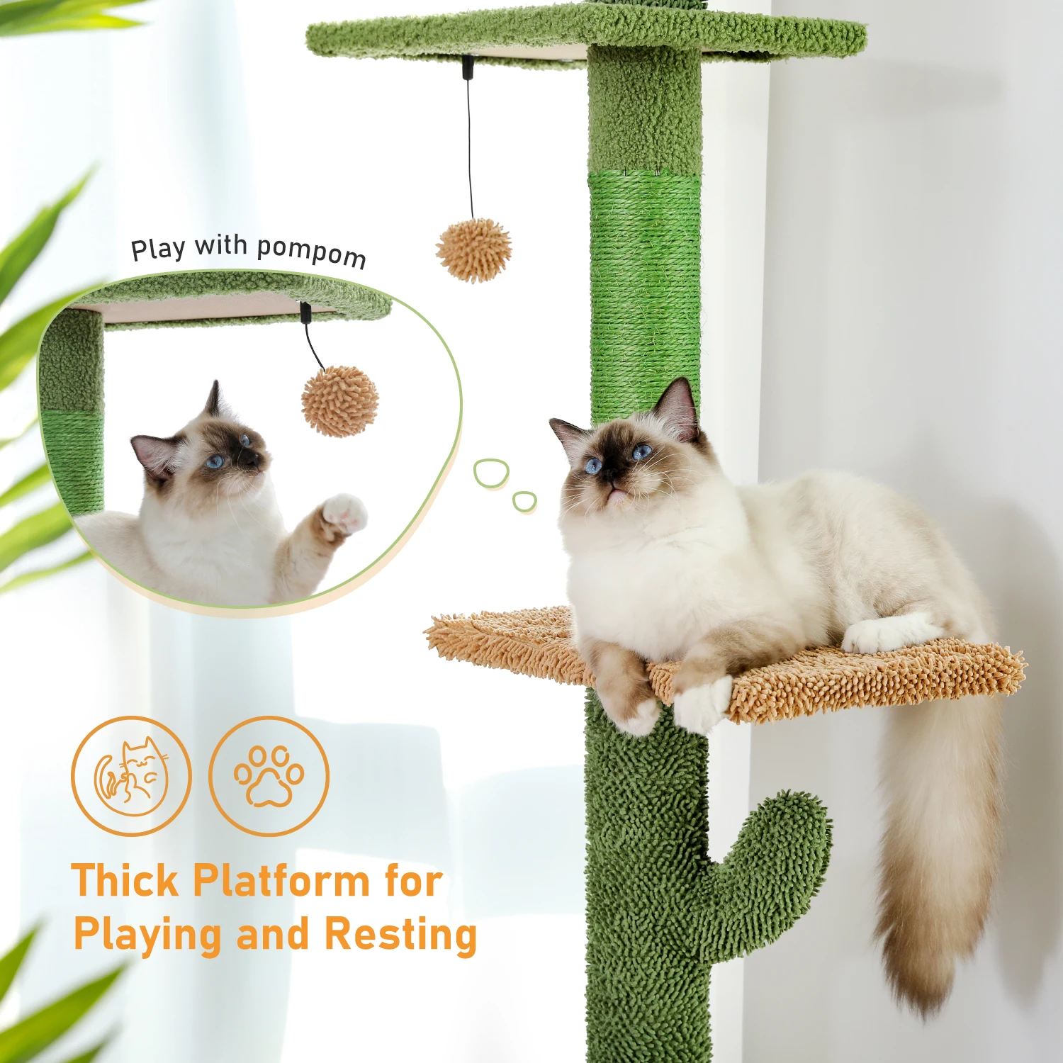 Cat Tree 5-Tier Floor to Ceiling Cat Tower Cactus Tall Climbing Tree with Scratching Post Hammock Dangling Ball for Indoor Cats - Image 5
