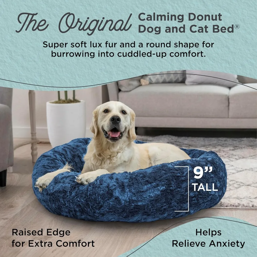 Friends Calming Donut Dog and Cat Bed, Lux Faux Fur, Navy Blue, (36in x 36in) - Anxiety Relief for Pets U - Image 2