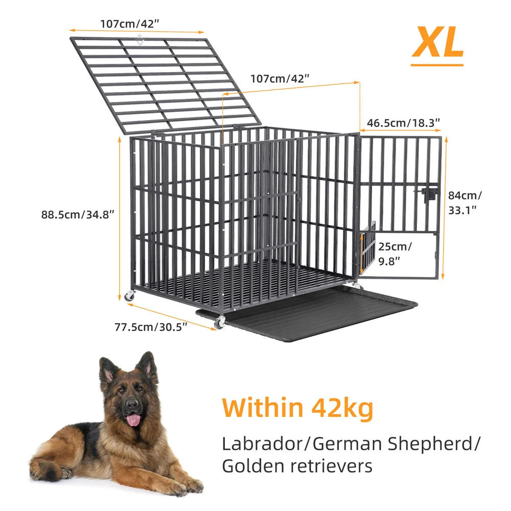 XXL Large Heavy Duty Dog Crate Strong Pet Cage Tear Resistant Square Tube Metal Kennel Playpen with Lockable Wheels and Tray - Image 7