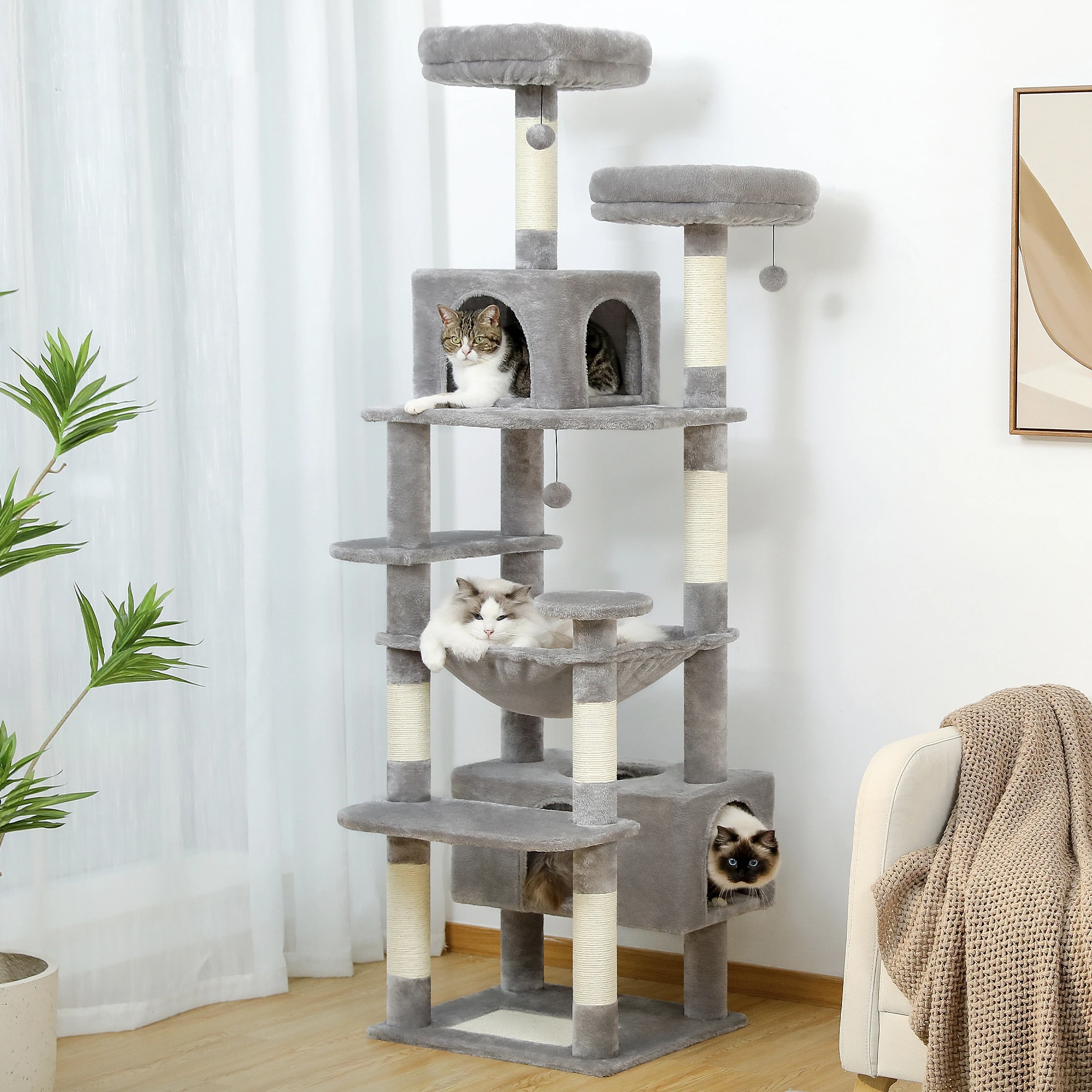 Multi-Level Cat Tree Tower with Scratching Posts&Board, Hammock, Cat Condo, Spacious Top Perch,Dangling Balls for Indoor Cats - Image 4