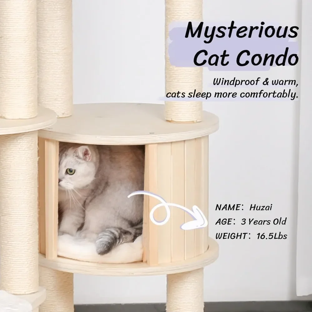 64" Tall Cat Tree - Wooden Cat Trees Tower with Cats Condo, Hammock & Top Perch, Modern Tall Cats Tree w/Natural Sisal Po - Image 4