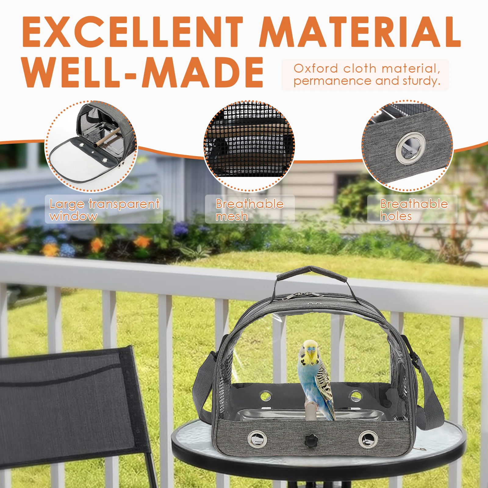 Portable Bird Travel Carrier Breathable Cockatiels Cage with Standing Perch and Tray Multi-functional Outdoor Pet Accessories - Image 2