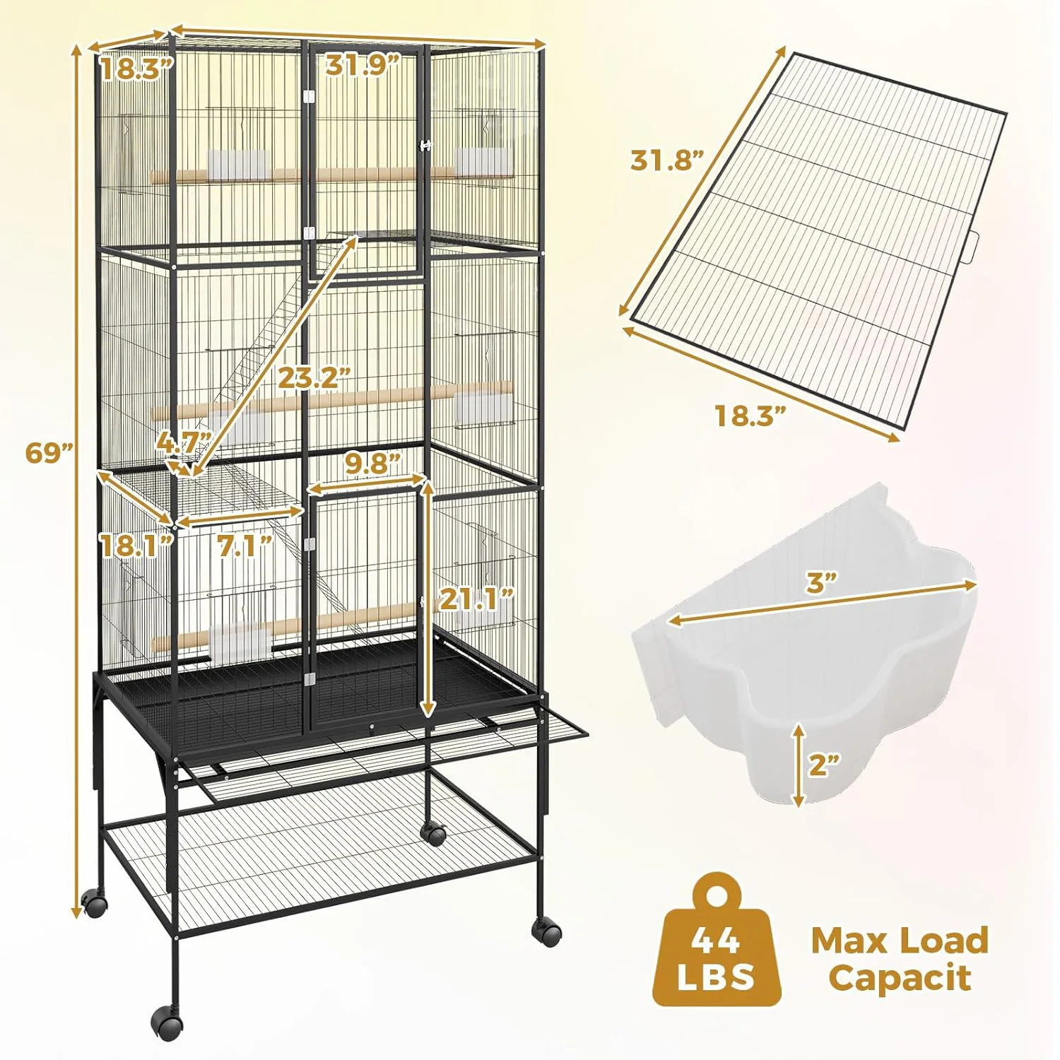 69 Inch Large Bird Cage Bird Cage with Rolling Storage Stands Feed Bowls Wide Tall Parrot Cage For Parakeets Conures Cockatiel - Image 3