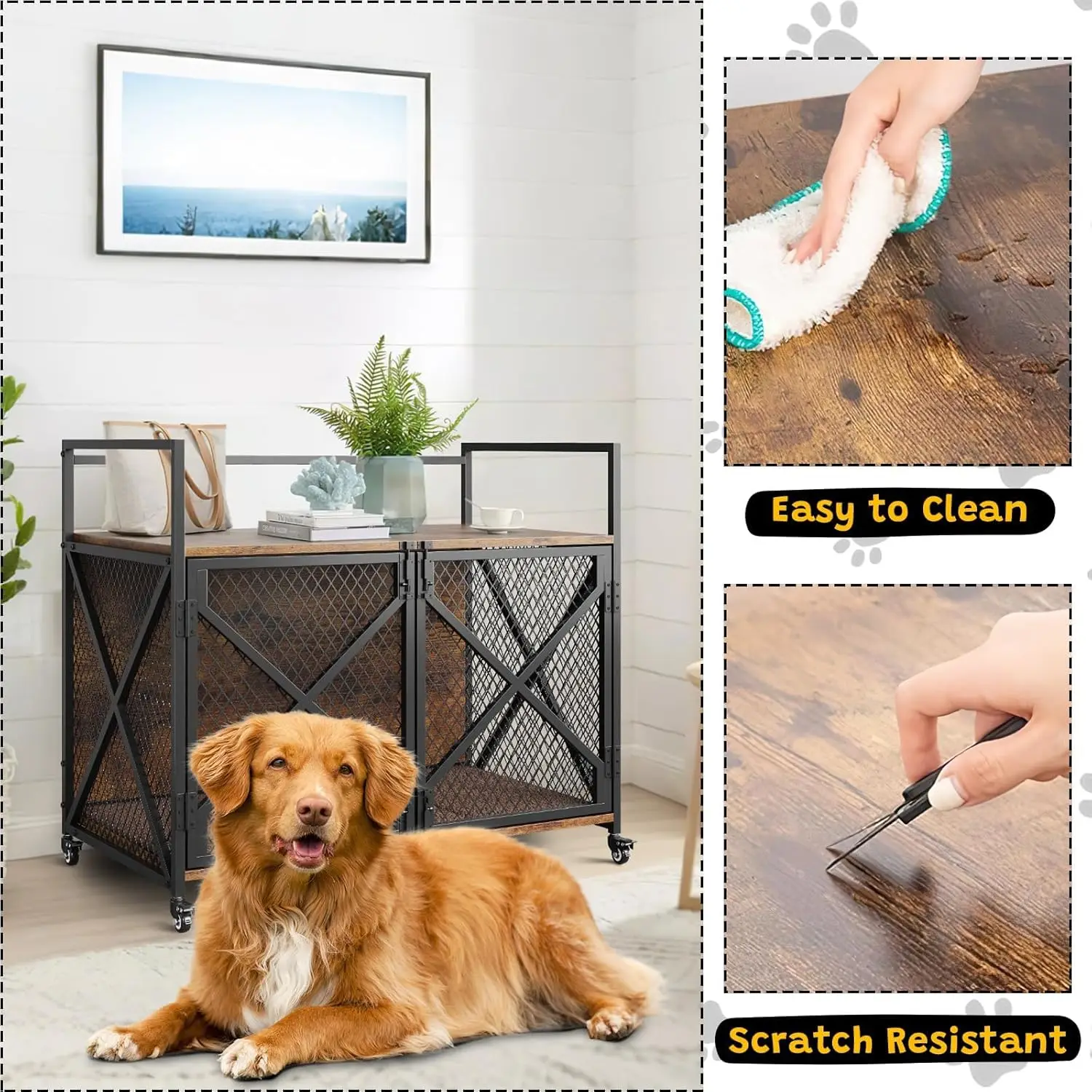 Large Wooden Dog Crate Furniture, Decorative End Table Indoor Dog House, With Lockable Wheels For Dogs, Heavy Duty Dog Cage - Image 5