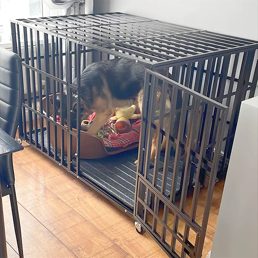 XXL Large Heavy Duty Dog Crate Strong Pet Cage Tear Resistant Square Tube Metal Kennel Playpen with Lockable Wheels and Tray - Image 3