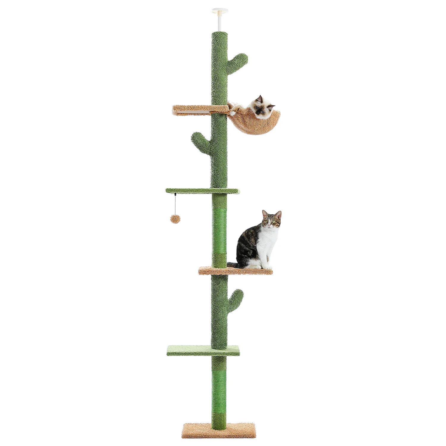 Cat Tree 5-Tier Floor to Ceiling Cat Tower Cactus Tall Climbing Tree with Scratching Post Hammock Dangling Ball for Indoor Cats - Image 7