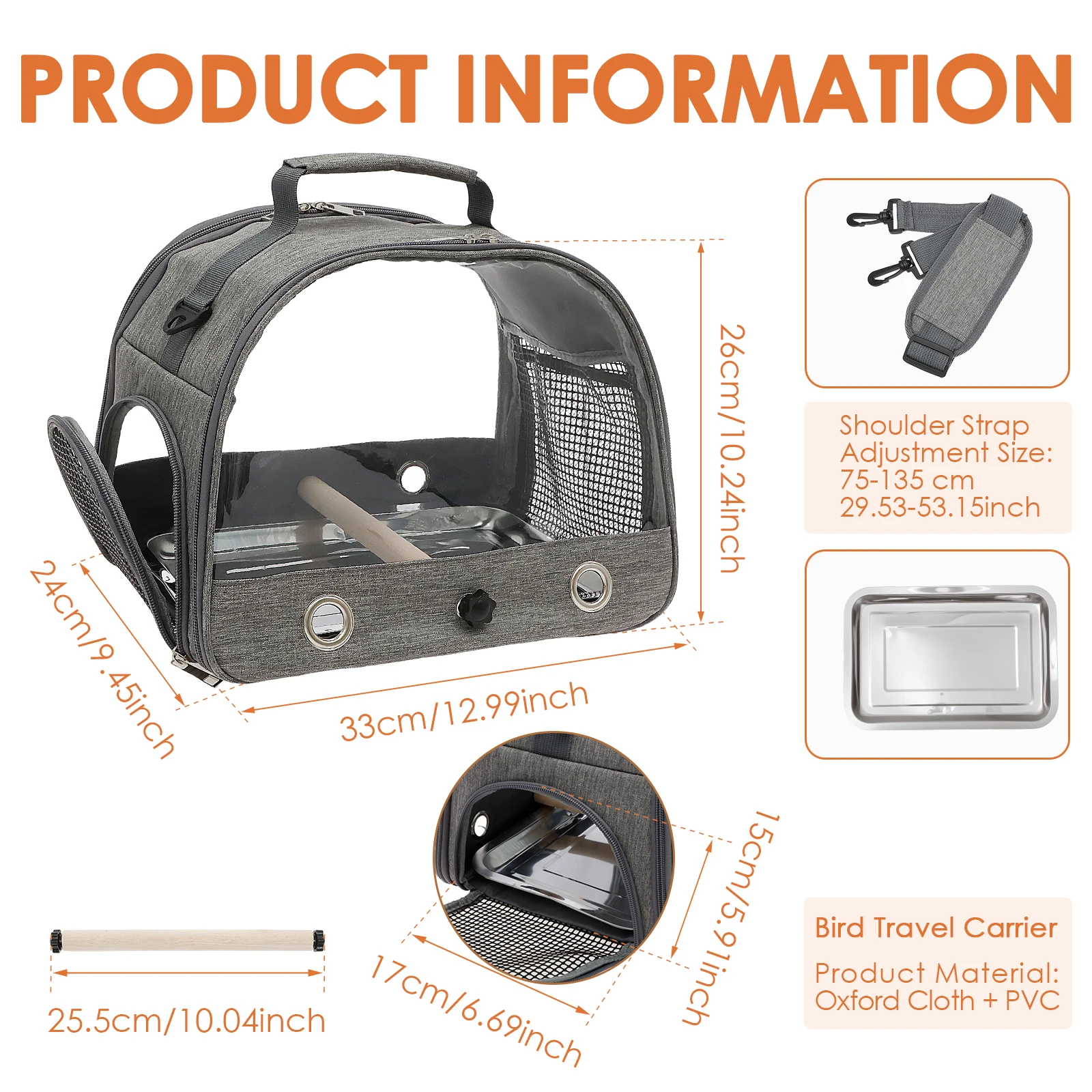 Portable Bird Travel Carrier Breathable Cockatiels Cage with Standing Perch and Tray Multi-functional Outdoor Pet Accessories - Image 3