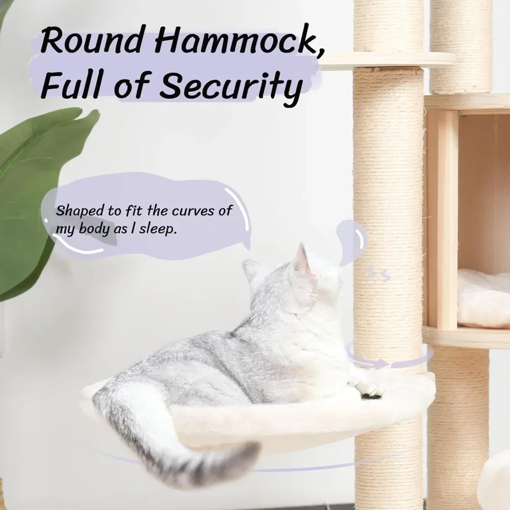 64" Tall Cat Tree - Wooden Cat Trees Tower with Cats Condo, Hammock & Top Perch, Modern Tall Cats Tree w/Natural Sisal Po - Image 3